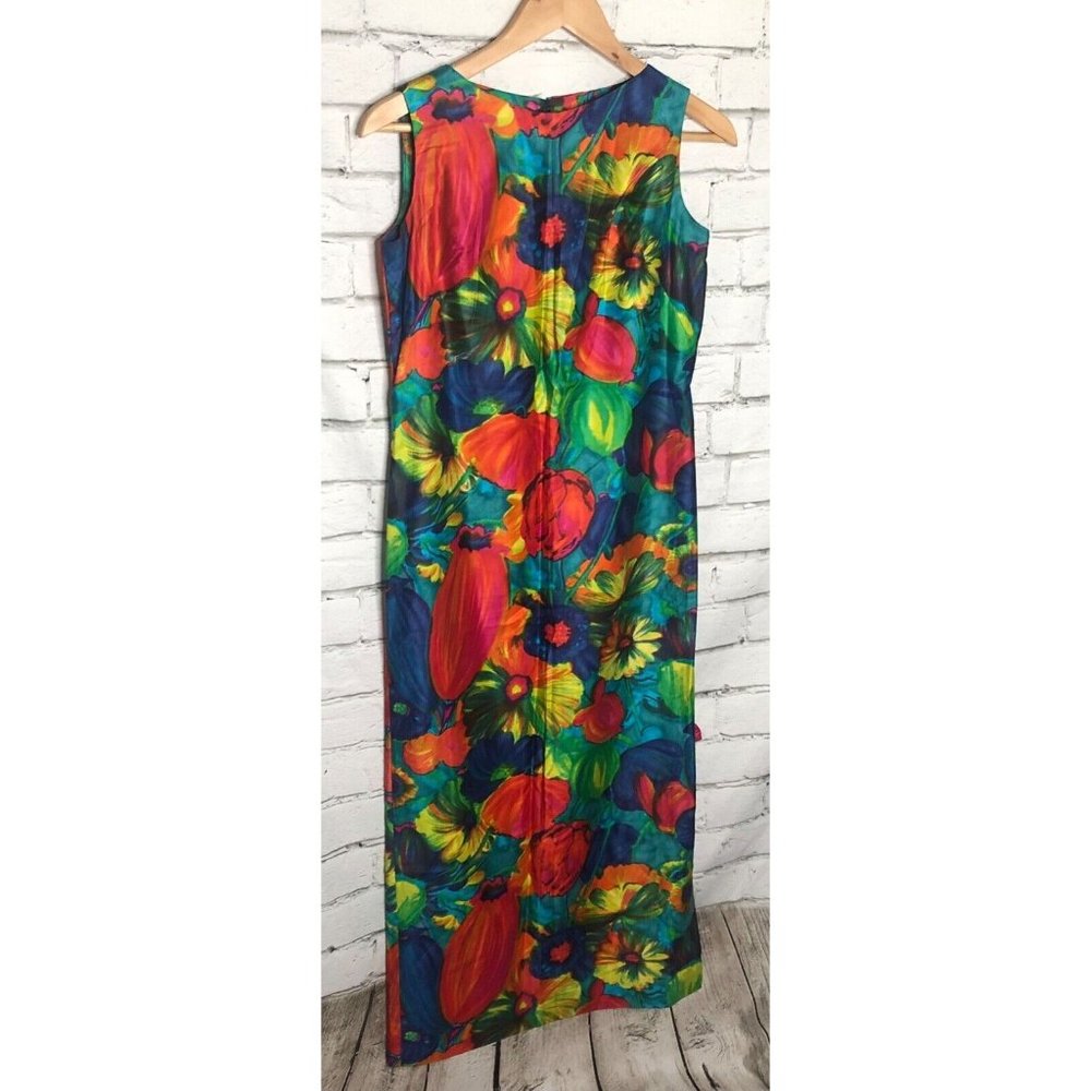VTG Vintage 50's 60's Neon Floral Hawaii Tiki Sheath Side Slit Dress 36 Bust S